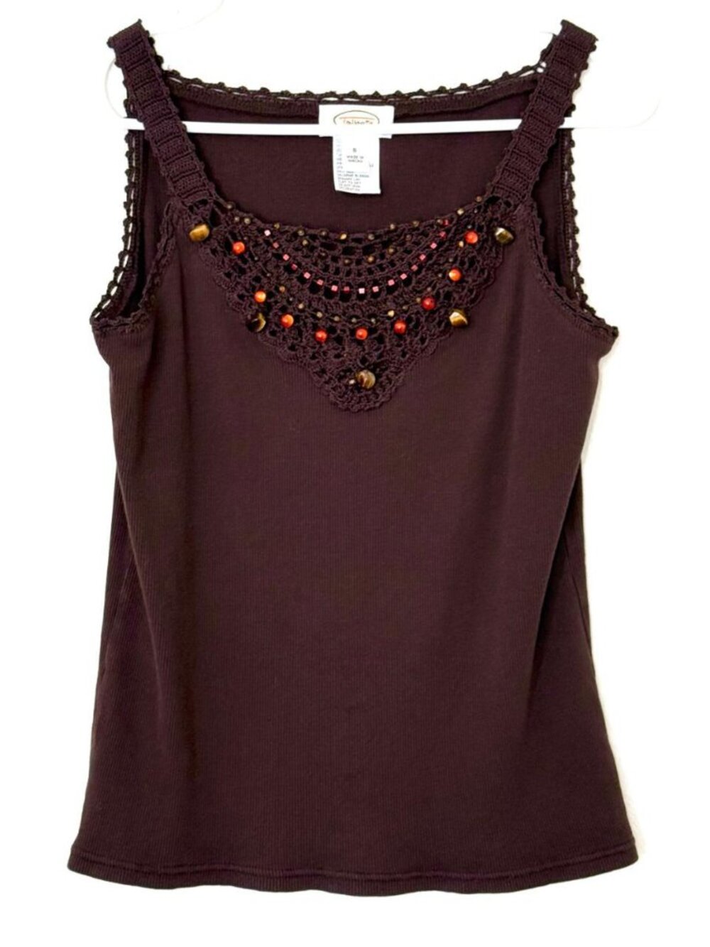Vintage Y2K Talbots Brown Beaded Crochet Cotton Tank Top Size S